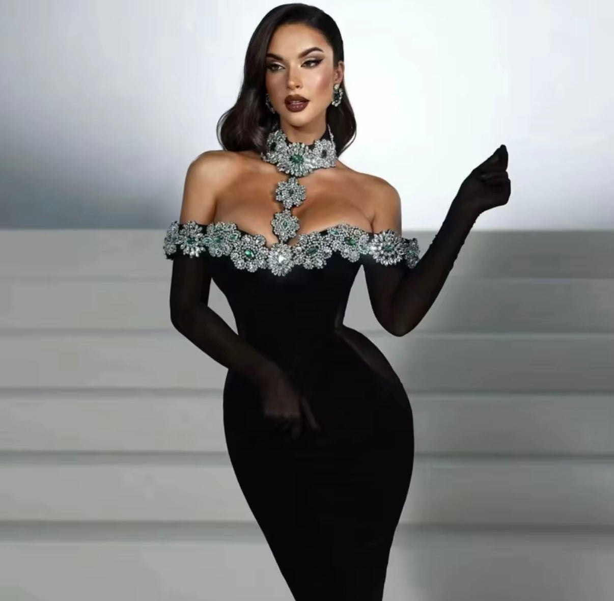 Luxury Women Party Dress |Bandage Long Dress with Long Gloves