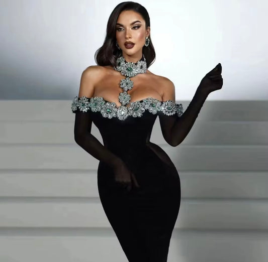 Luxury Women Party Dress |Bandage Long Dress with Long Gloves